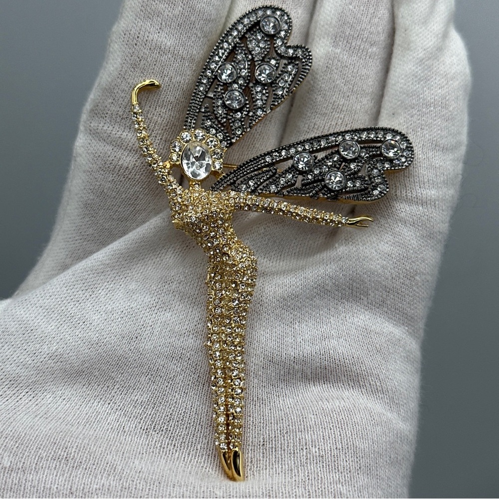 Luxe Jewelry Design‎ Gold-plated  Clear Crystals Fairy Dragonfly Brooch Pin #275